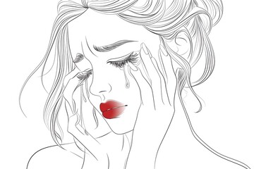 Fototapeta premium A Drawing of a woman with red lips crying.