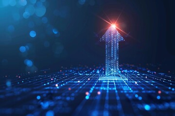 Illustration on a dark blue background with a grid and a light arrow pointing up, symbolizing growth in digital business. This concept emphasizes progress and development, demonstrating successes and 