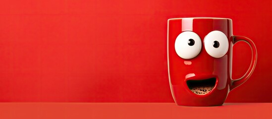 The coffee cup mug is adorned with googly eyes giving it a surprised expression It has coffee bean hair and a spoon and it stands out against a red background There is ample copy space for text