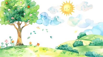 Vibrant Watercolor Landscape with Flourishing Tree and Sunny Skies