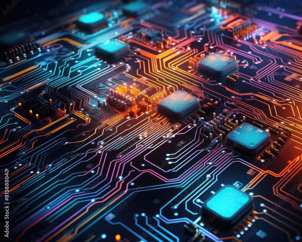 Poster a circuit board with pulsating neon lines, close up, depicting data transmission, cybernetic tone, c