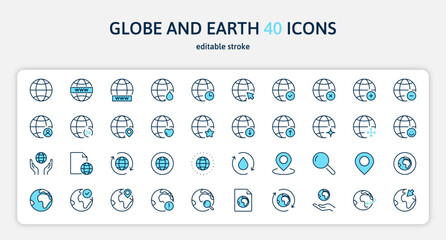 Globe and earth 40 color blue line icons set. World, web, global, sphere sign. Planet, map symbol. Isolated on a white background. Pixel perfect. Editable stroke. 64x64.