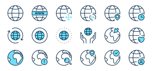 Globe and earth color blue line icons set. World, web, global, sphere sign. Planet, map symbol. Isolated on a white background. Pixel perfect. Editable stroke. 64x64.