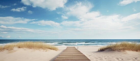 A wooden boardwalk meanders through the sandy beach providing a scenic route with plenty of copy space image potential