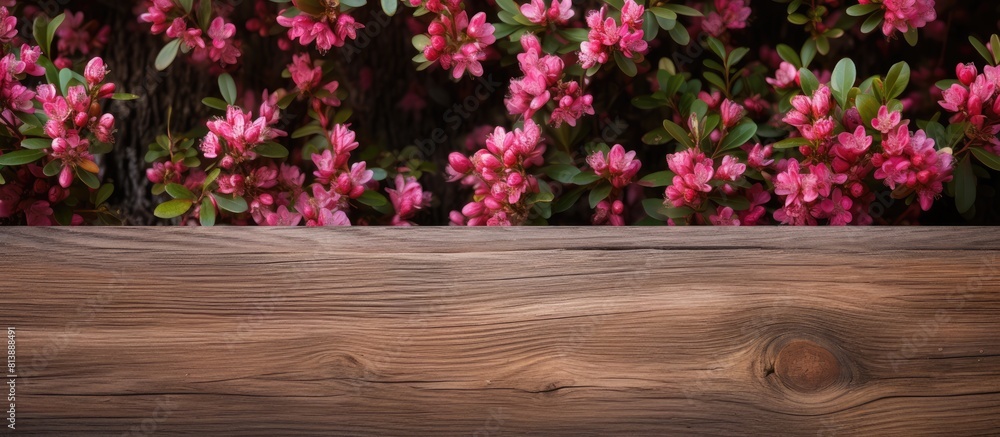 Poster wooden boards serve as the backdrop for a beautiful myrtle in full bloom creating a captivating copy