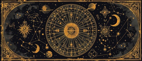 Obraz premium Art Deco linocut of a zodiac wheel with astrological symbols crafted in a mystical style