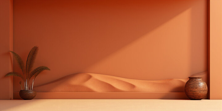 Earthy minimal abstract background with a sandy floor and a clay vase and plant in warm terracotta colors