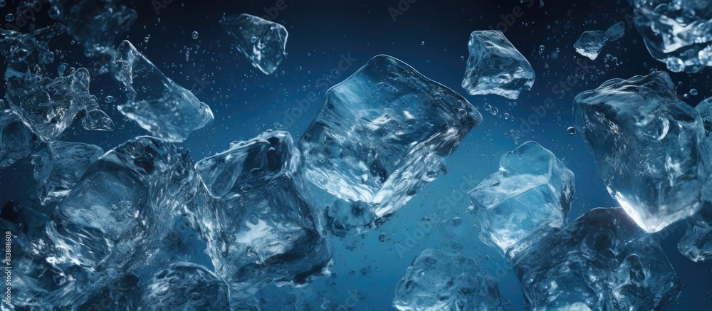 Poster close up of transparent ice cubes melting in dark blue water creating sparkling shards of ice crysta