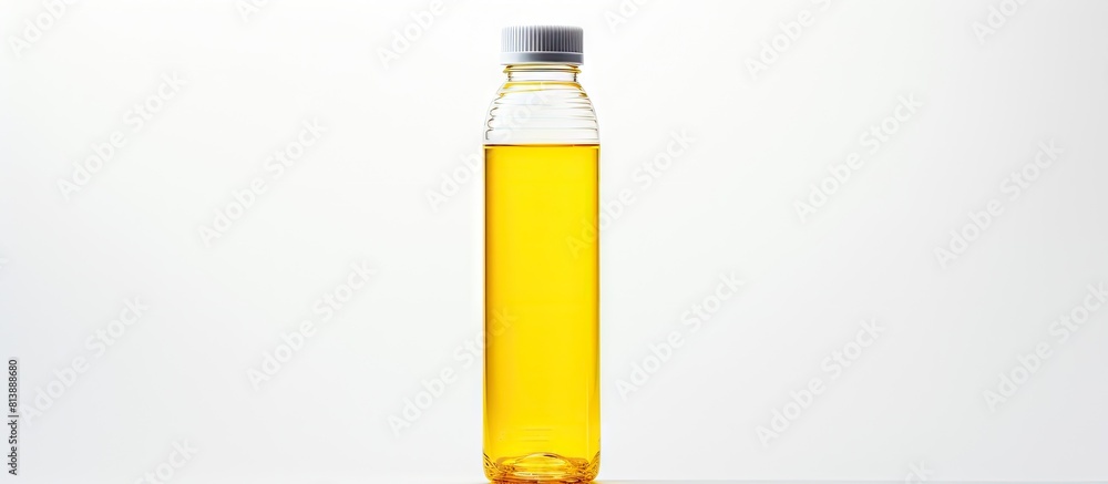 Poster a water bottle with a see through design and a yellow cap stands alone against a white background of