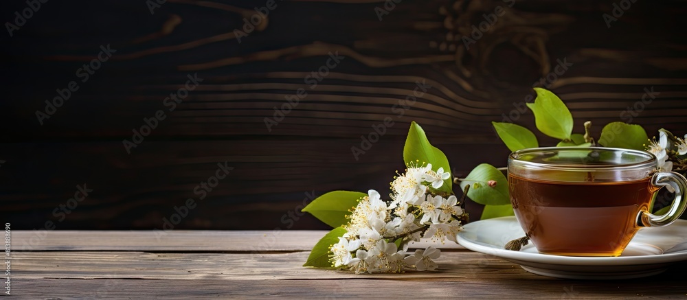 Poster flat lay of a cup of tea and linden blossom on a wooden table with ample space available for text in