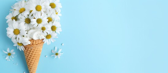 A top view of an ice cream cone on a blue background decorated with chamomiles There is an empty white paper beside it for adding text Copy space image