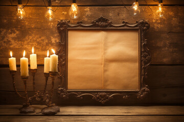 Retro styled still life with a blank frame and burning candles on a wooden background