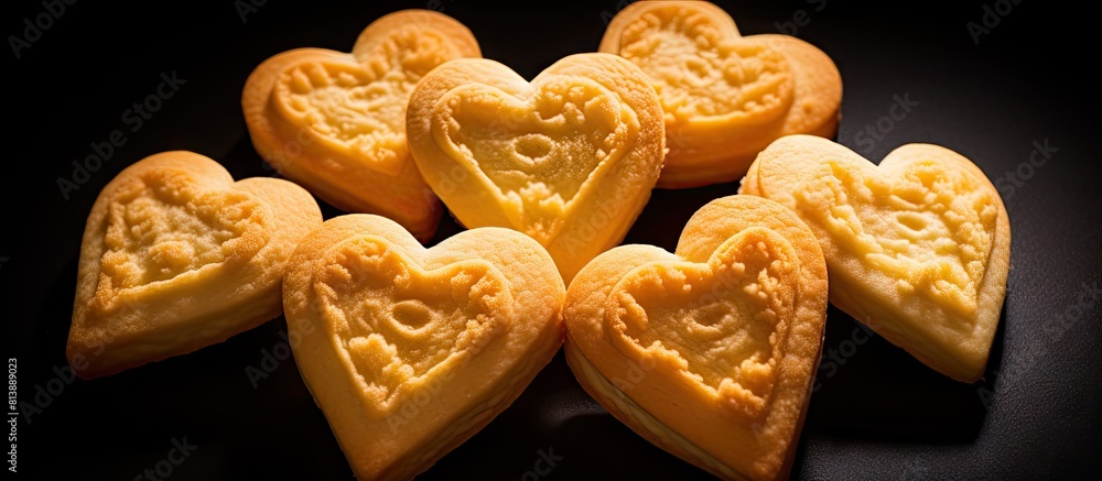 Poster valentine s day themed butter cookies in the shape of a heart with empty space to add any desired im