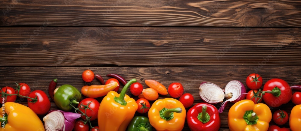 Poster A top view of fresh bell peppers tomatoes and onions arranged on a wooden table creating a vibrant and colorful image with room for additional content