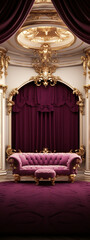 Ornate golden and pink colored royal throne room interior with a pink velvet sofa