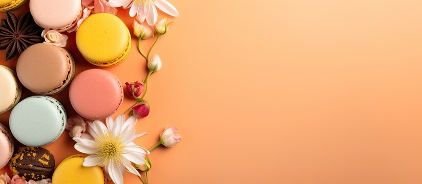 Colorful and sweet French macaroons or macarons arranged on a pastel orange floral backdrop The floral frame provides space for text or images. Copy space image. Place for adding text and design