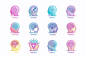 Psychology outline symbols. Neurology science. Cyber technology. Head in front view. Genius cerebrum. Logic and mind. Color gradient signs. Vector thin line pictograms set 