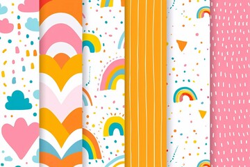 Rainbow vector geometric seamless patterns collection. Set of bright colorful backgrounds with modern minimal labels. Cute abstract geometrical textures. Simple pattern design for babies, kids, decor