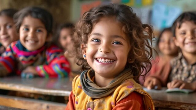 A little girl student in rural area smiling looking at camera at rural school Smiling happy children with excitement and confidence while sharing knowledge with back to school concept.