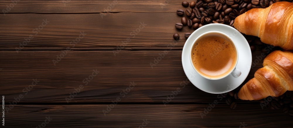 Aufkleber top view of an espresso coffee and croissant on a wooden table creating a breakfast food and drink c