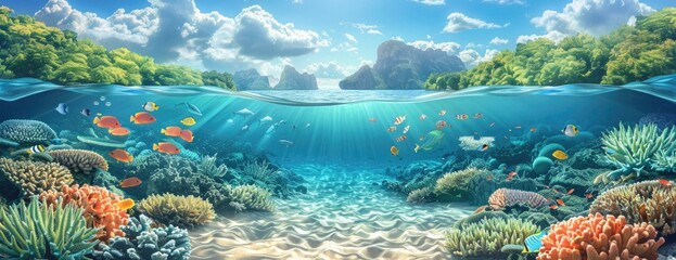 Split View of Lush Coastal Landscape and Vibrant Marine Life