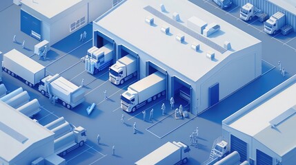 3d isometric illustration of an industrial warehouse with trucks and people working inside, blue white color palette, soft shadows, low contrast, ambient occlusion, 2D illustration, minimal background