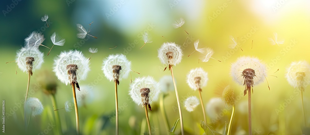 Poster a stunning image featuring white dandelion flowers against a blurry background. copy space image. pl