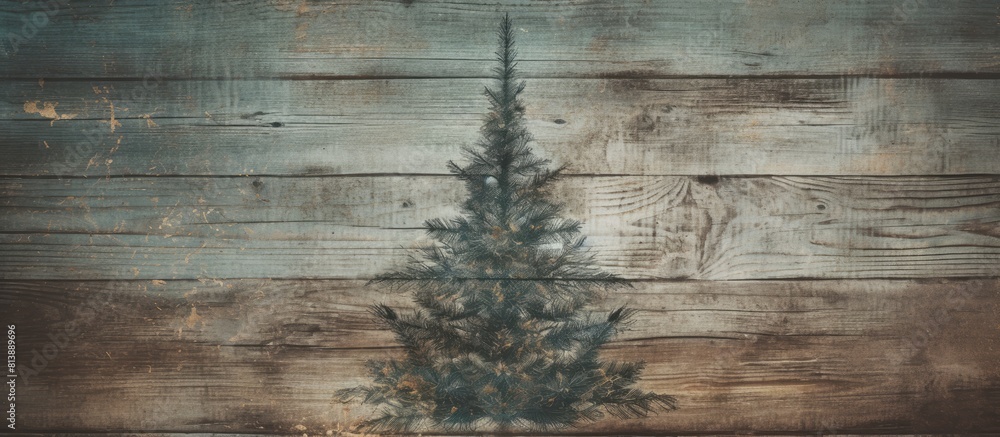 Poster close up of a vintage christmas tree with a textured wood pattern serving as a background for design