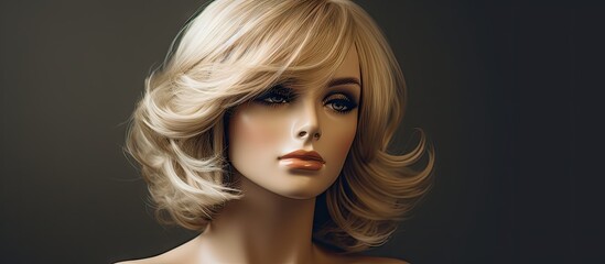 Fototapeta premium A stunning female mannequin head adorns a blonde wig showcasing its beauty and elegance. Copy space image. Place for adding text and design