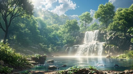 Tranquil Waterscape: Verdant Valleys and Majestic Mountains Reflection