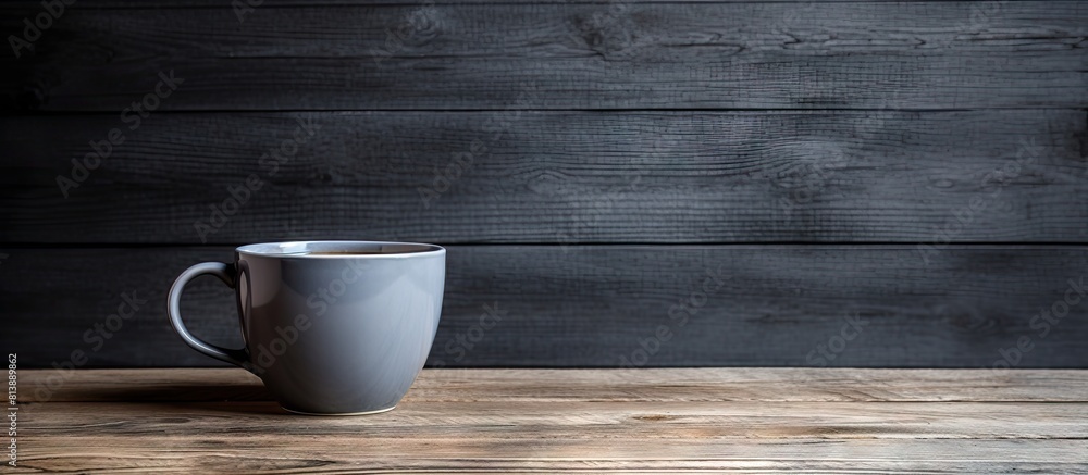 Aufkleber a tea cup in a stylish shade of ultimate gray is placed on a rustic wooden background creating a vis