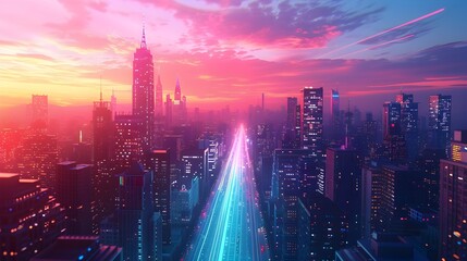 Obraz premium Vibrant Futuristic Cityscape at Dusk with Skyscrapers Neon Lights and Dynamic Traffic Trails for Stunning Website Banner or Imagery