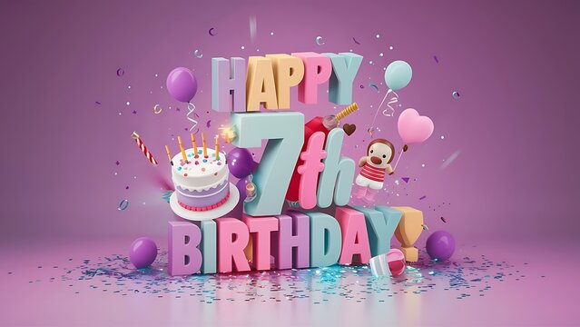 Minimalist 3D Pastel theme Happy 7th Birthday Background With Illustration Of Cake, Balloons, Heart And Confetti, 3d Happy Birthday Background