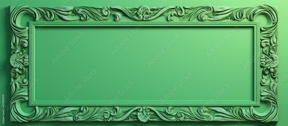 Poster rectangular wooden frame with ornaments placed on a green screen background offers ample copy space 