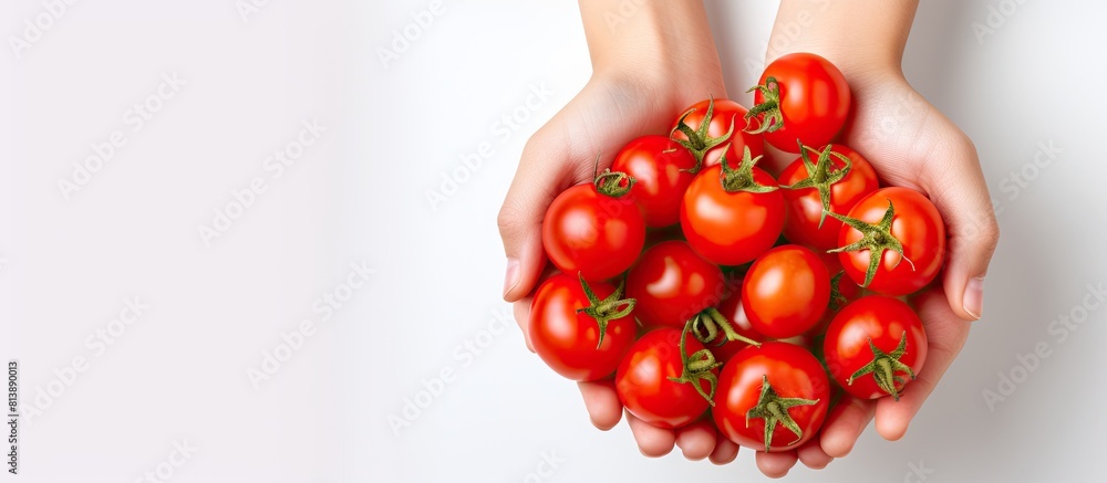 Aufkleber top view of a child holding tomatoes on a light gray background with ample copy space