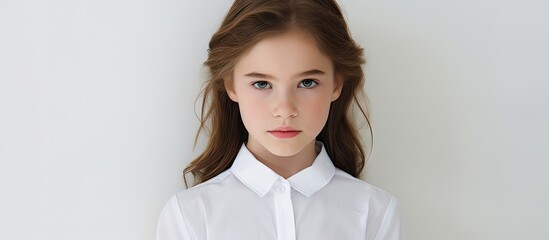 A young girl around 11 to 12 years old with an emotional expression is wearing a white shirt The photo was taken in a studio with a white background The image can be used for advertisements or to inc
