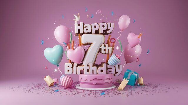 Minimalist 3D Pastel theme Happy 7th Birthday Background With Illustration Of Cake, Balloons, Heart And Confetti, 3d Happy Birthday Background