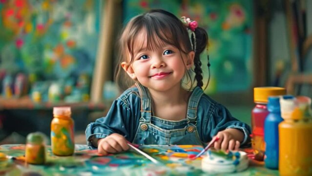 A child painter meticulously paints colorful lines on a canvas in the studio of an art school. A young girl painter uses a brush to paint creatively on the canvas.