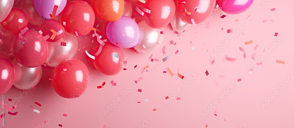 Poster the party theme is depicted with vibrant balloons and confetti arranged on a pink backdrop captured 