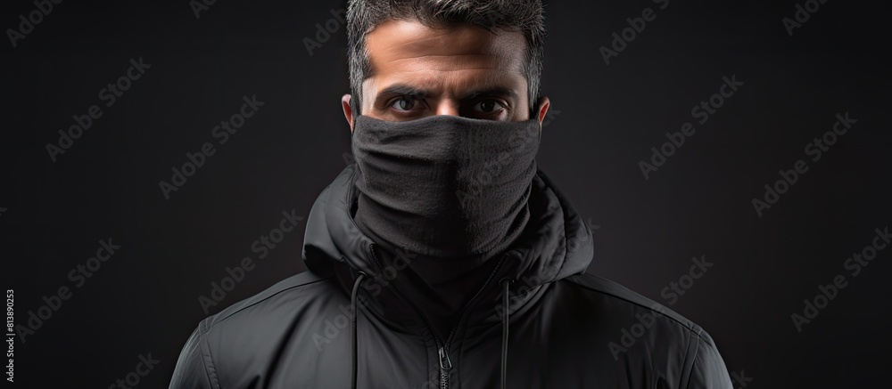 Poster a middle eastern man is pictured on an isolated background wearing a gray turtleneck and a black fac
