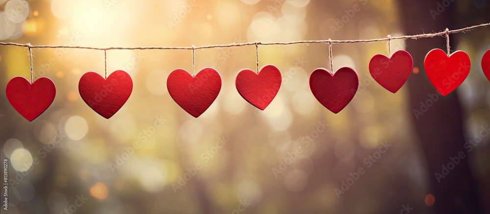 Poster the retro effect adds a classic touch to the image of red paper hearts hanging on a natural backgrou