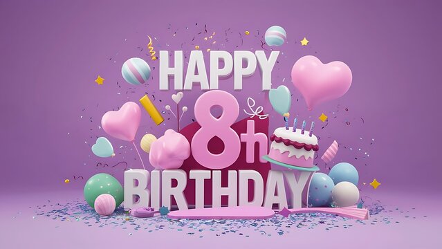 Minimalist 3D Pastel theme Happy 8th Birthday Background With Illustration Of Cake, Balloons, Heart And Confetti, 3d Happy Birthday Background