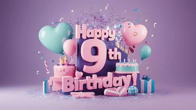 Minimalist 3D Pastel theme Happy 9th Birthday Background With Illustration Of Cake, Balloons, Heart And Confetti, 3d Happy Birthday Background