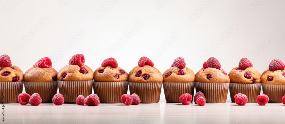 Poster copy space image featuring a grid of delectable raspberry muffins against a light background