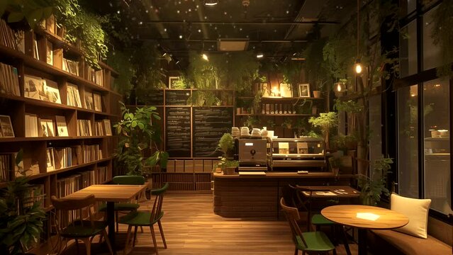 Comfortable study room with table, bookshelf, and lamp. Cozy home atmosphere with lofi background music and chill vibes. looping time-lapse video