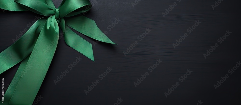 Poster top view of a green ribbon placed on a black background providing ample copy space for adding text c