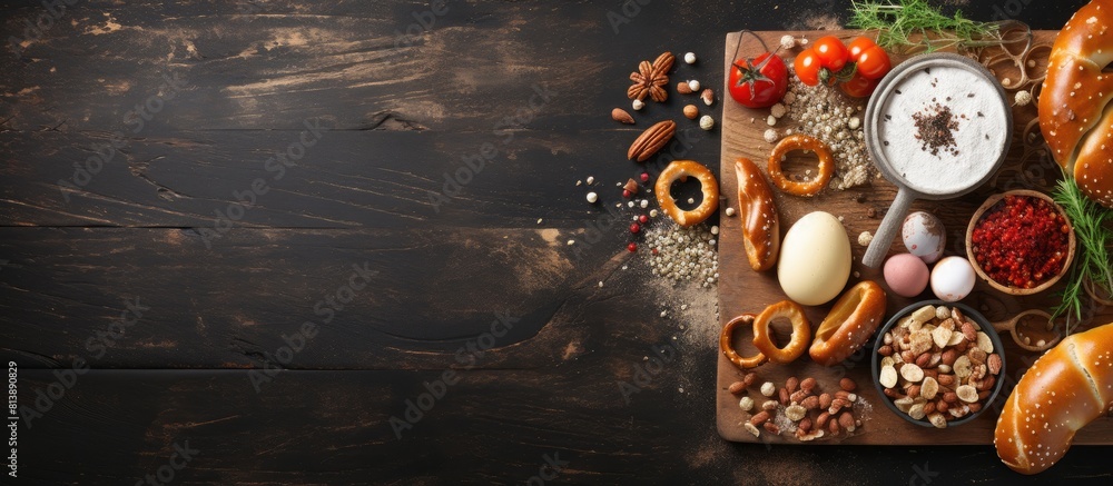 Aufkleber a top down view of baked pretzels adorned with nuts arranged alongside raw eggs and various cooking 