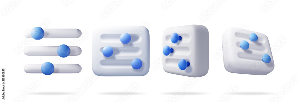 Poster 3d set of filter button icon. render collection of settings slider symbol. control interface with sl