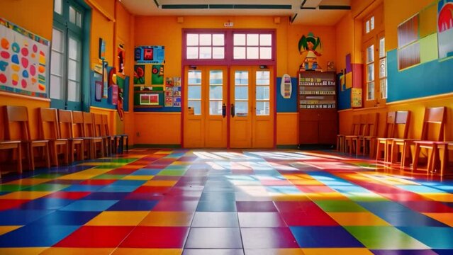 Kindergarten classroom, full of color and energy, with toys, educational posters, and lots of windows letting in natural light.
