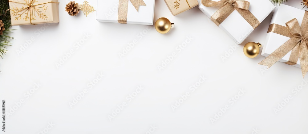 Poster top view of a white background christmas and happy new year card featuring a frame made of gift boxe
